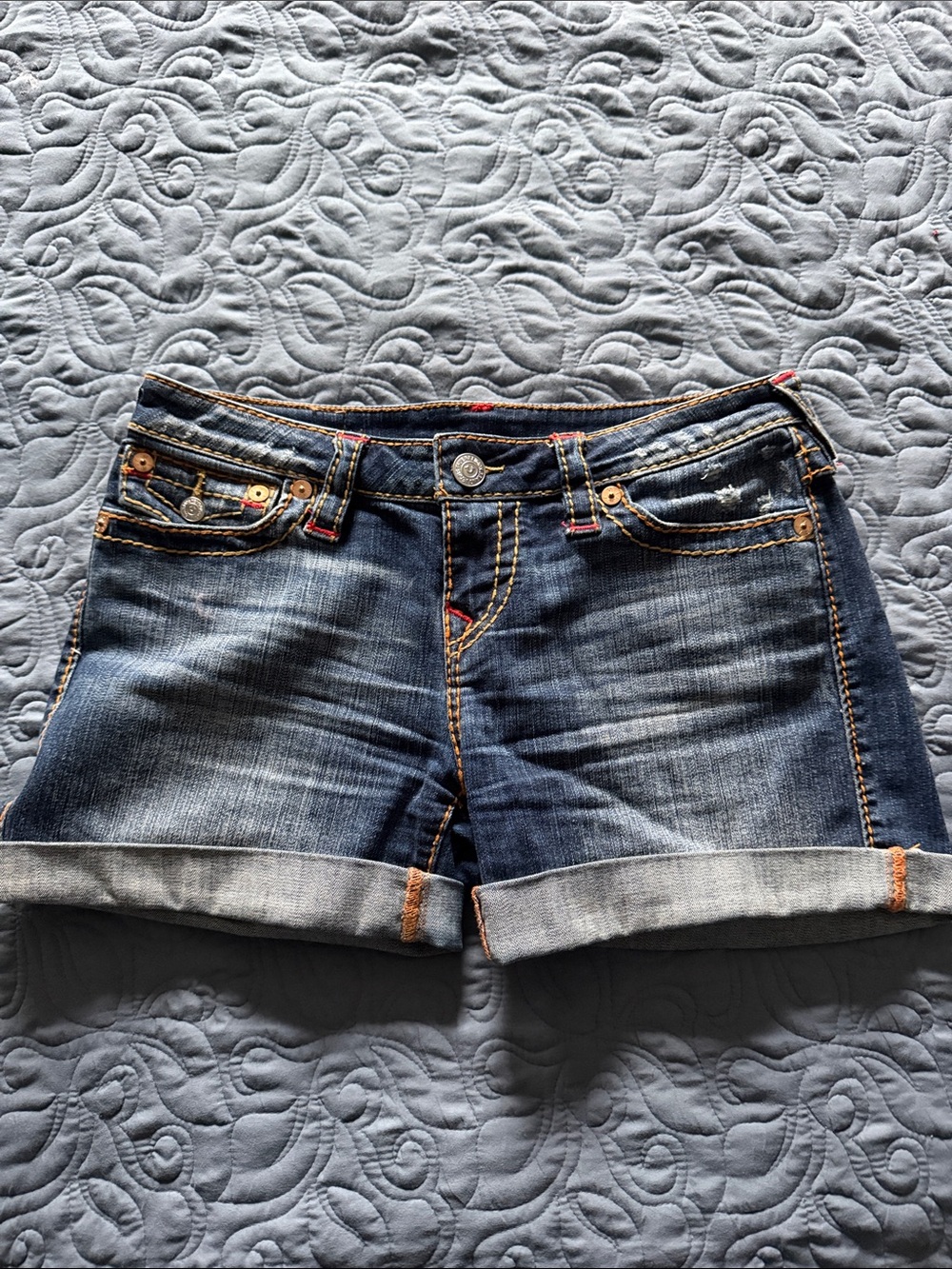 True Religion Dark Wash Rolled Cuff Denim Shorts - Blue